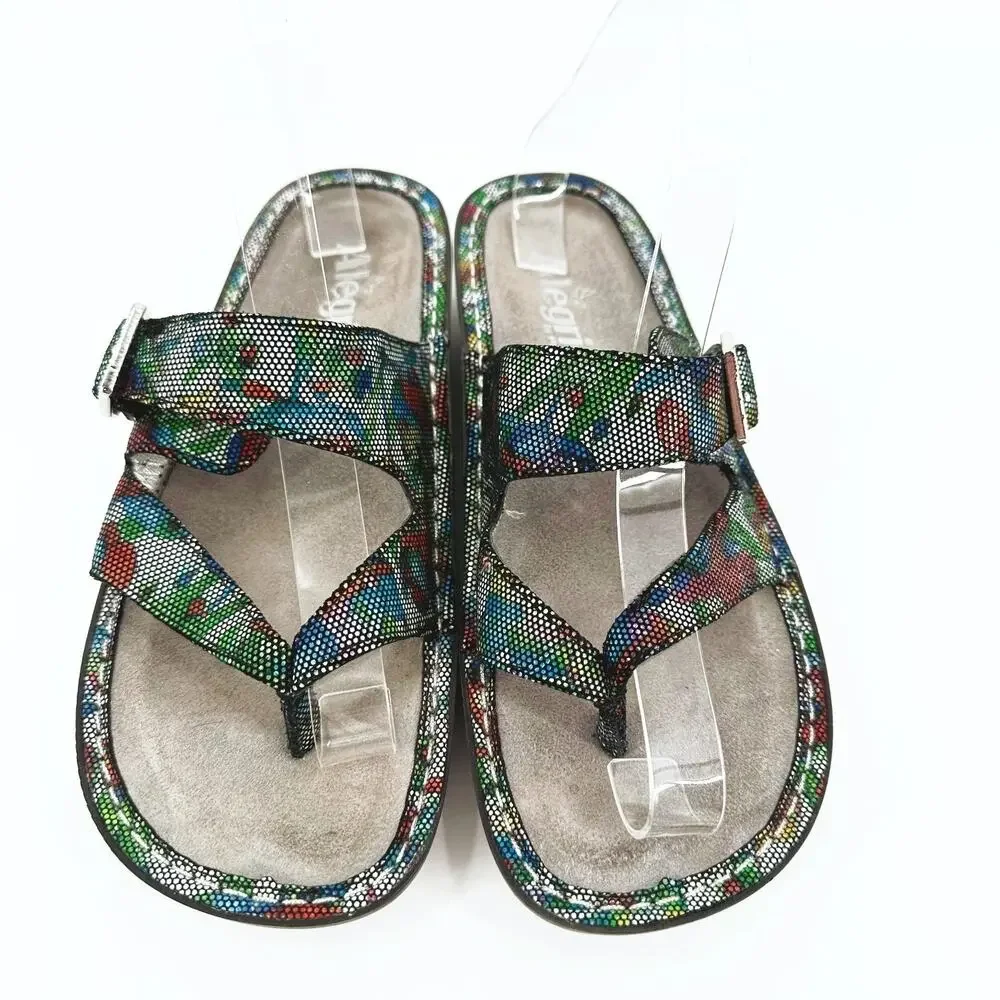 Alegria Womens Valentina Leather Sandal Size 38/US 8 Metallic Rainbow Comfort‎